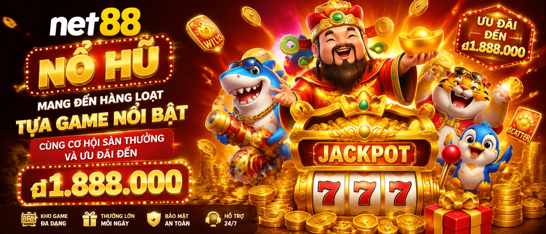 Giao diện Nổ Hũ Net88 với hiệu ứng quay thưởng trên mobile